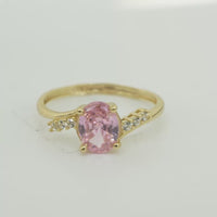 14KT Gold Ring Women's Pink Oval Center CZ Stone with 3 High/Low Round White CZ Stones Shoulders and Plain Band