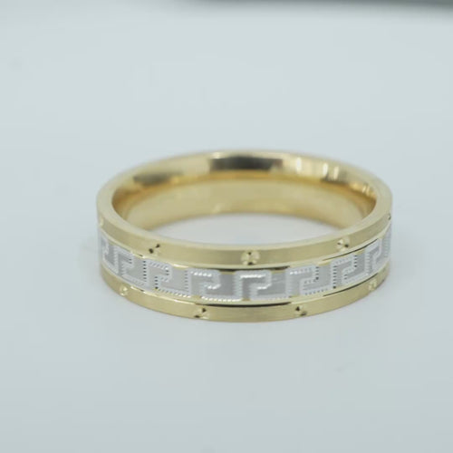 14KT Gold Ring Unisex Solid Two Tone Greek Center with Designer Screw Border