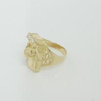 14KT Gold Ring Men's Jesus Head Three White Round CZ Stones Crown Side Design 10 Gallery Hole