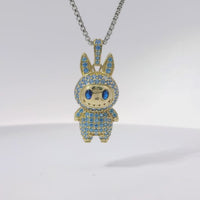 14KT Gold Charm Medium 3D Flat Back LaBuBu Navy Blue Oval CZ Stones Eyes, Turquoise CZ Stones Body and Bell