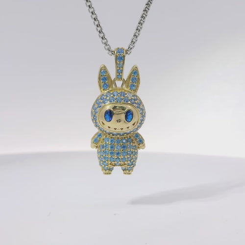 14KT Gold Charm Medium 3D Flat Back LaBuBu Navy Blue Oval CZ Stones Eyes, Turquoise CZ Stones Body and Bell