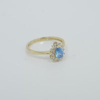 14KT Gold Ring Women's Flower Pear Light Blue Center Stone with White CZ Stone Petals Border Plain Band
