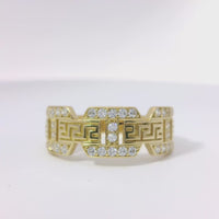 14KT Gold Ring Women's Mini White CZ Stones Mariner Link with Plain Greek Center Band