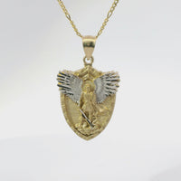 14KT Gold Charm Large Two Tone Gardian Angel Shield Shape Coin with White Gold Diamond Cut Wings and Plain Bell