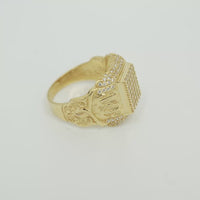 14KT Gold Ring Men's Rectangle White CZ Stone Seven Row Platform Plain Border Edge White CZ Stone Shank Gold Fancy Scroll Print