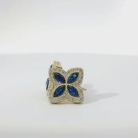 14KT Gold Earrings Small 3D Navy Blue Marquise CZ Stones Four Leaf Clover with White CZ Stones Border, Plain Edge, and Push Back Post with Butterfly Backs