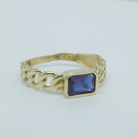 14KT Gold Ring Women's Rectangle Navy Blue Center CZ with Plain Border and Cuban Link Band