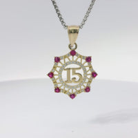 14KT Gold Charm Medium Quinceanera "15" Open Webbed Wreath with Dark Pink and White Round CZ Stones Border with Plain Bell