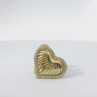 14KT Gold Earrings Medium 3D Stripe Cutout Heart with Flat Back White CZ Stones Border with Push Back Post and Butterfly Backs