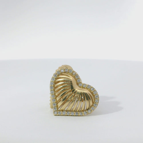 14KT Gold Earrings Medium 3D Stripe Cutout Heart with Flat Back White CZ Stones Border with Push Back Post and Butterfly Backs