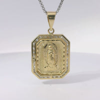14KT Gold Charm Large Octagon Rectangle Virgin Mary Center with White CZ Stone Border and Plain Bell