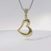 14KT Gold Charm Medium Tilted Open Center Flat Back Puff Heart with White CZ Stones Bell