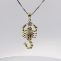 14KT Gold Charm Large Tri Tone Scorpion with Jointed Tail White CZ Stones Tail Tip Center Stone and Joint with Plain Bell