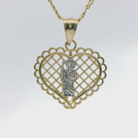 14KT Gold Charm Medium Two Tone Lattice Heart St Jude with Scallop Border and Plain Bell
