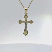 14KT Gold Charm Small Two Tone Point Flare Ends Crucifix Cross with Plain Bell