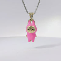 14KT Gold Charm Medium 3D Hot Pink Enamel LaBuBu Body, Black Enamel Eyes, and White CZ Stones Bell