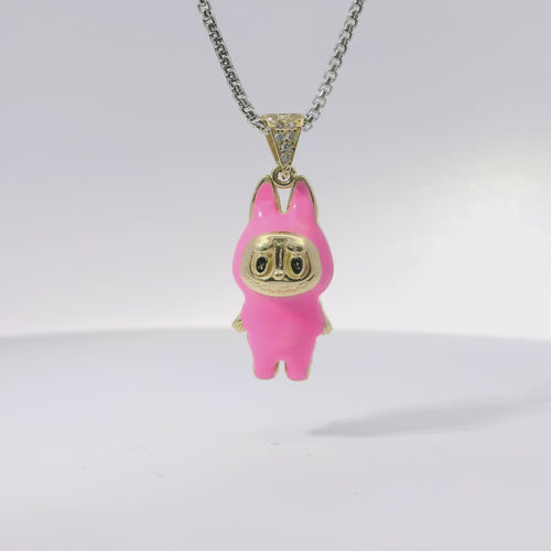 14KT Gold Charm Medium 3D Hot Pink Enamel LaBuBu Body, Black Enamel Eyes, and White CZ Stones Bell