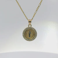 14KT Gold Charm Extra Small Round Two Tone St Benedict Coin with White CZ Stones Border and Plain Bell