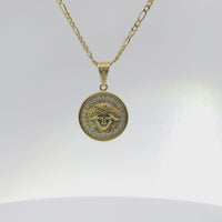 14KT Gold Charm Small Medusa Coin with White CZ Stones Border and Plain Bell