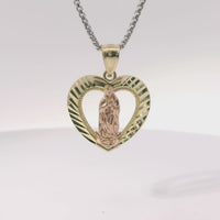 14KT Gold Charm Medium Two Tone Virgin Mary Open Diamond Cut Heart with Plain Bell