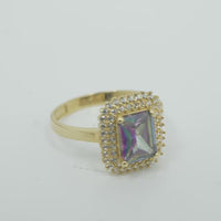 14KT Gold Ring Women's Iridescent Rectangle Center CZ Stone with Double Round White CZ Stones Border and Plain Band