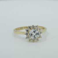 14KT Gold Ring Women's Flower Square White Center with White CZ Stone Petals Border Plain Band