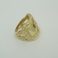 14KT Gold Ring Men's Curved Rectangle St. Jude Center with White CZ Stone Inner Border and Chino Link Frame