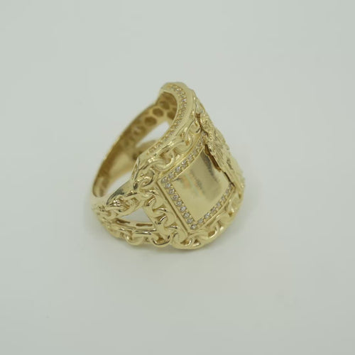 14KT Gold Ring Men's Curved Rectangle St. Jude Center with White CZ Stone Inner Border and Chino Link Frame