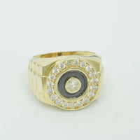 14KT Gold Ring Men's Jumbo Round White CZ Center Stone Plain Border on Onyx Background with White CZ Stones Border Side Design Jubilee