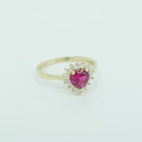 14KT Gold Ring Women's Flower Heart Red Center Stone with White CZ Stone Petal Border Plain Band