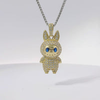 14KT Gold Charm Medium 3D Flat Back LaBuBu Navy Blue Oval CZ Stones Eyes, White CZ Stones Body and Bell