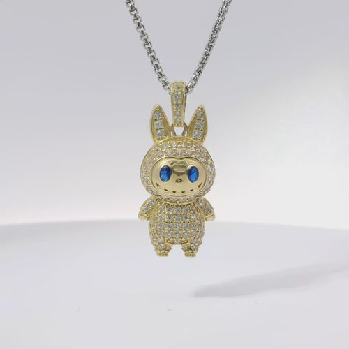 14KT Gold Charm Medium 3D Flat Back LaBuBu Navy Blue Oval CZ Stones Eyes, White CZ Stones Body and Bell