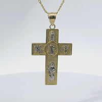 14KT Gold Charm Small Two Tone Catholic Saints Cross with Virgin Mary, St Michael, St Charbel, St Christopher, and St. Jude Center and Plain Bell