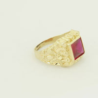 14KT Gold Ring Men's Red Square CZ Stone Nugget Border Side Design Nugget