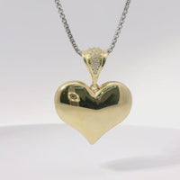 14KT Gold Charm Medium Flat Back Puff Heart with White CZ Stones Edge and Bell