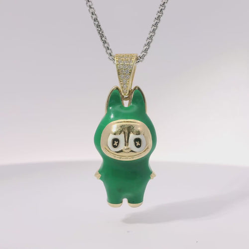 14KT Gold Charm Large 3D Dark Green Enamel LaBuBu Body, White Enamel Eyes, and White CZ Stones Bell