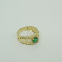 14KT Gold Ring Men's Square Green CZ Round Center Stone White CZ Stone Border Band Design 3 Stacked Cutout Boxes with Single Row White CZ Stones Border