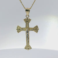 14KT Gold Charm Large Two Tone Wing Ends Crucifix Cross with Plain Bell