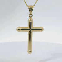 14KT Gold Charm Large Hollow Tube Plain Cross with Rounded Capped Ends and Plain Bell