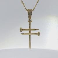 14KT Gold Charm Large Triple Nail Cross with White CZ Stones Nail Heads and Bell