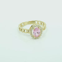 14KT Gold Ring Women's Oval Pink Center Stone with White CZ Stone Border Chino Band