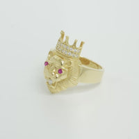 14KT Gold Ring Men's Crowned Lion Head with White CZ Stones Crown/Mouth Red CZ Stones in Eyes