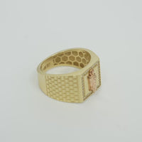 14KT Gold Ring Men's Square Two Tone St. Jude with White CZ Border and Brick Wall Print Band