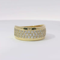 14KT Gold Ring Women's Band Wide Triple Row of White CZ Stones and Plain Borders