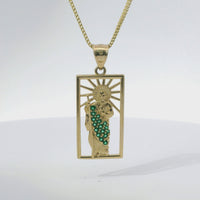 14KT Gold Charm Large Open Rectangle St Jude Center with Green CZ Stones Robe and Plain Bell