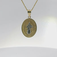 14KT Gold Charm Medium Two Tone Oval St Benedict Coin with Plain Bell