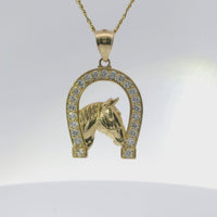 14KT Gold Charm Large Horsehead Center with White CZ Stones Horseshoe Border and Plain Bell