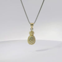 14KT Gold Charm Mini Pineapple with White CZ Stones and Plain Bell