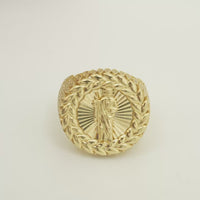 14KT Gold Ring Men's Round St. Jude Wreath Border White CZ Stones Leaf Pattern on Shank (Two White CZ Stones in each Leaf)