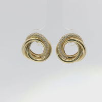 14KT Gold Earrings Medium Round Two Strand Open Center Interlocking White CZ Stones Rings with Push Back Post and Butterfly Backs